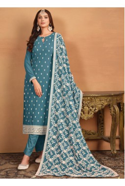 Blue Faux Georgette Thread Embroidered Casual Salwar Kameez