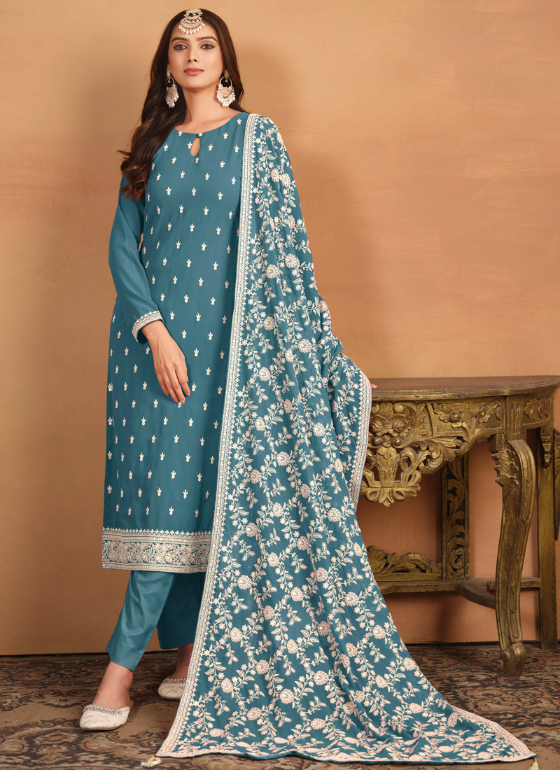 Blue Faux Georgette Thread Embroidered Casual Salwar Kameez