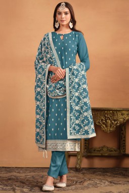 Blue Faux Georgette Thread Embroidered Casual Salwar Kameez
