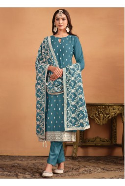 Blue Faux Georgette Thread Embroidered Casual Salwar Kameez