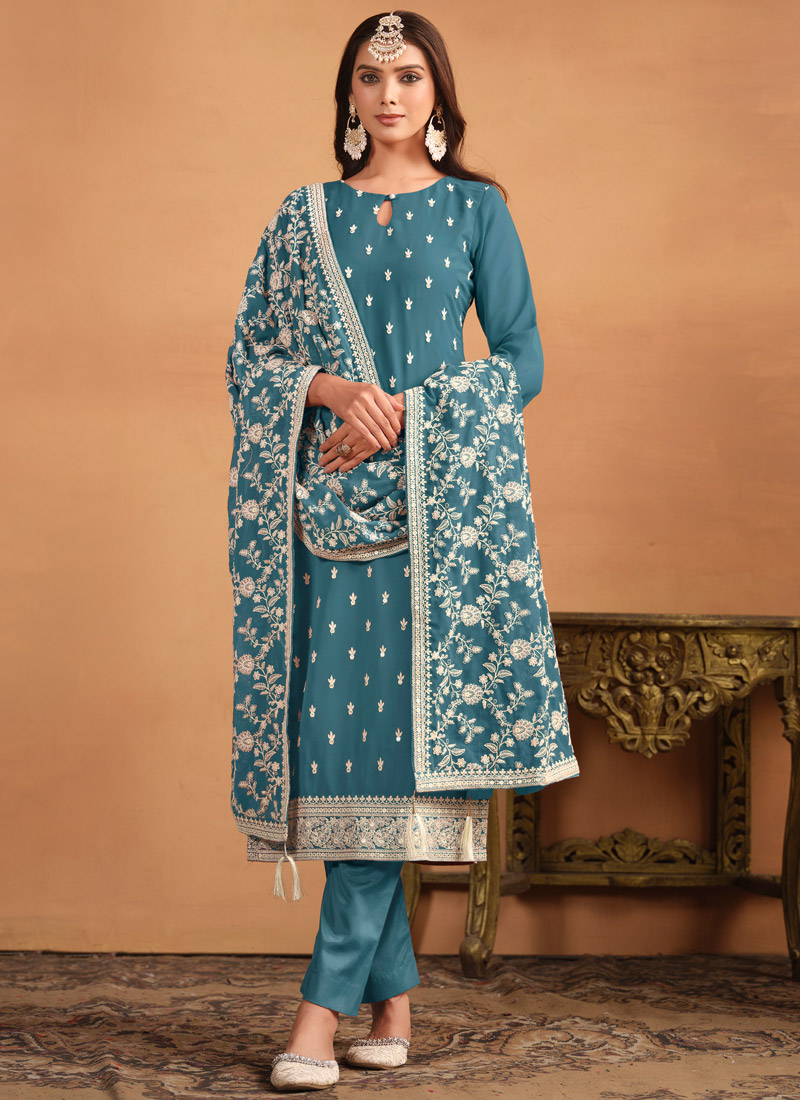 Blue Faux Georgette Thread Embroidered Casual Salwar Kameez