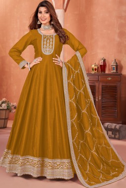 Mustard Art Silk Embroidered Wedding Salwar Kameez