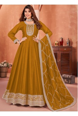 Mustard Art Silk Embroidered Wedding Salwar Kameez