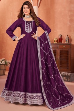 Violet Art Silk Sequins Embroidered Wedding Salwar Kameez