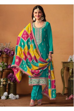 Blue Chinon Silk Zari Embroidered Wedding Salwar Kameez