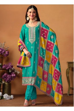 Blue Chinon Silk Zari Embroidered Wedding Salwar Kameez