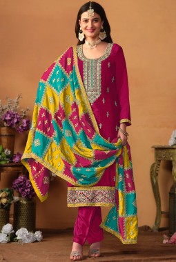 Red Chinon Silk Sequins Embroidered Wedding Salwar Kameez