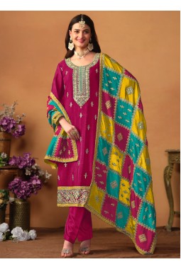 Red Chinon Silk Sequins Embroidered Wedding Salwar Kameez