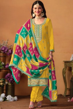 Mustard Chinon Silk Zari Embroidered Wedding Salwar Kameez