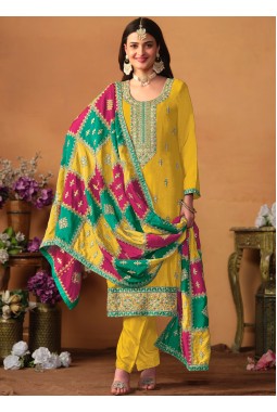 Mustard Chinon Silk Zari Embroidered Wedding Salwar Kameez