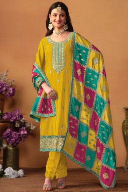 Mustard Chinon Silk Zari Embroidered Wedding Salwar Kameez