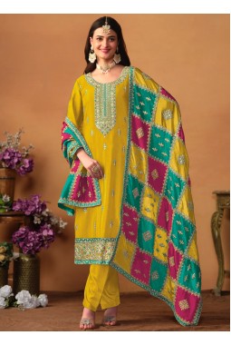 Mustard Chinon Silk Zari Embroidered Wedding Salwar Kameez