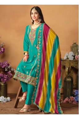 Blue Chinon Silk Sequins Wedding Salwar Kameez 