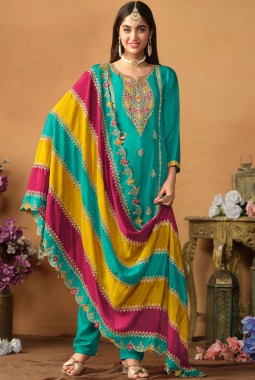 Blue Chinon Silk Sequins Wedding Salwar Kameez 