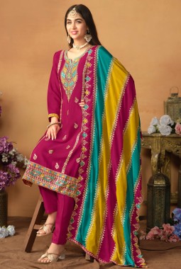 Red Chinon Silk Sequins Embroidered Wedding Salwar Kameez