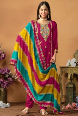 Red Chinon Silk Sequins Embroidered Wedding Salwar Kameez