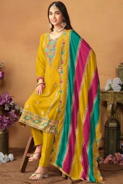 Mustard Chinon Silk Zari Embroidered Wedding Salwar Kameez