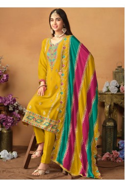 Mustard Chinon Silk Zari Embroidered Wedding Salwar Kameez