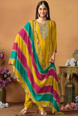 Mustard Chinon Silk Zari Embroidered Wedding Salwar Kameez