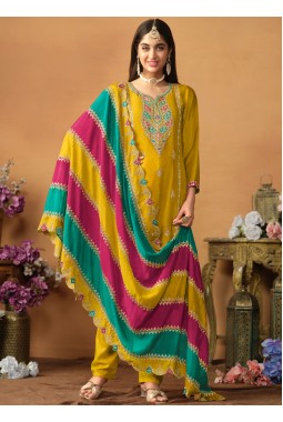 Mustard Chinon Silk Zari Embroidered Wedding Salwar Kameez