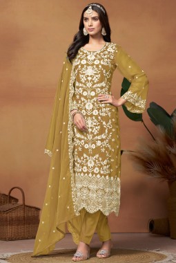 Mustard Soft Organza Thread Embroidered Casual Salwar Kameez
