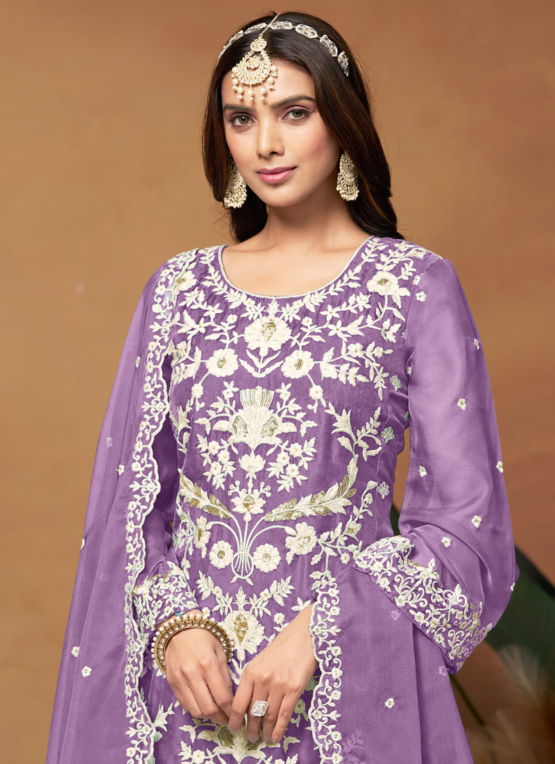 Purple Soft Organza Embroidered Casual Salwar Kameez