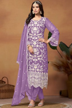 Purple Soft Organza Embroidered Casual Salwar Kameez