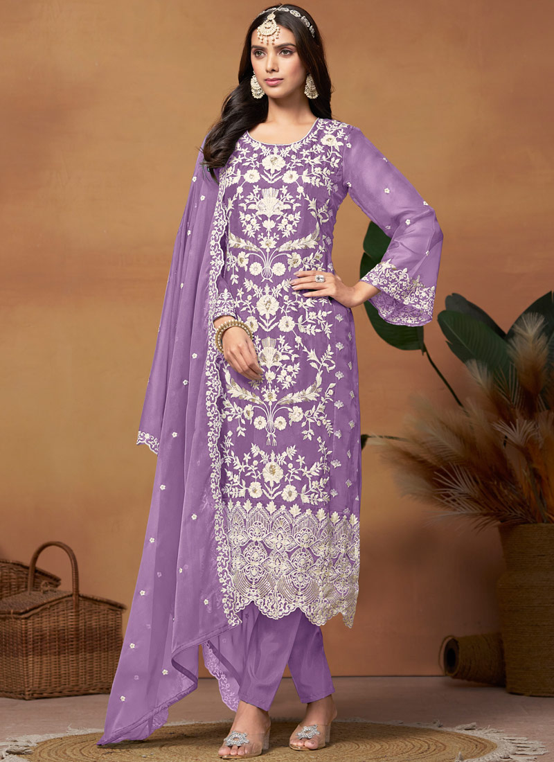 Purple Soft Organza Embroidered Casual Salwar Kameez