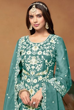 Blue Soft Organza Sequins Embroidered Casual Salwar Kameez