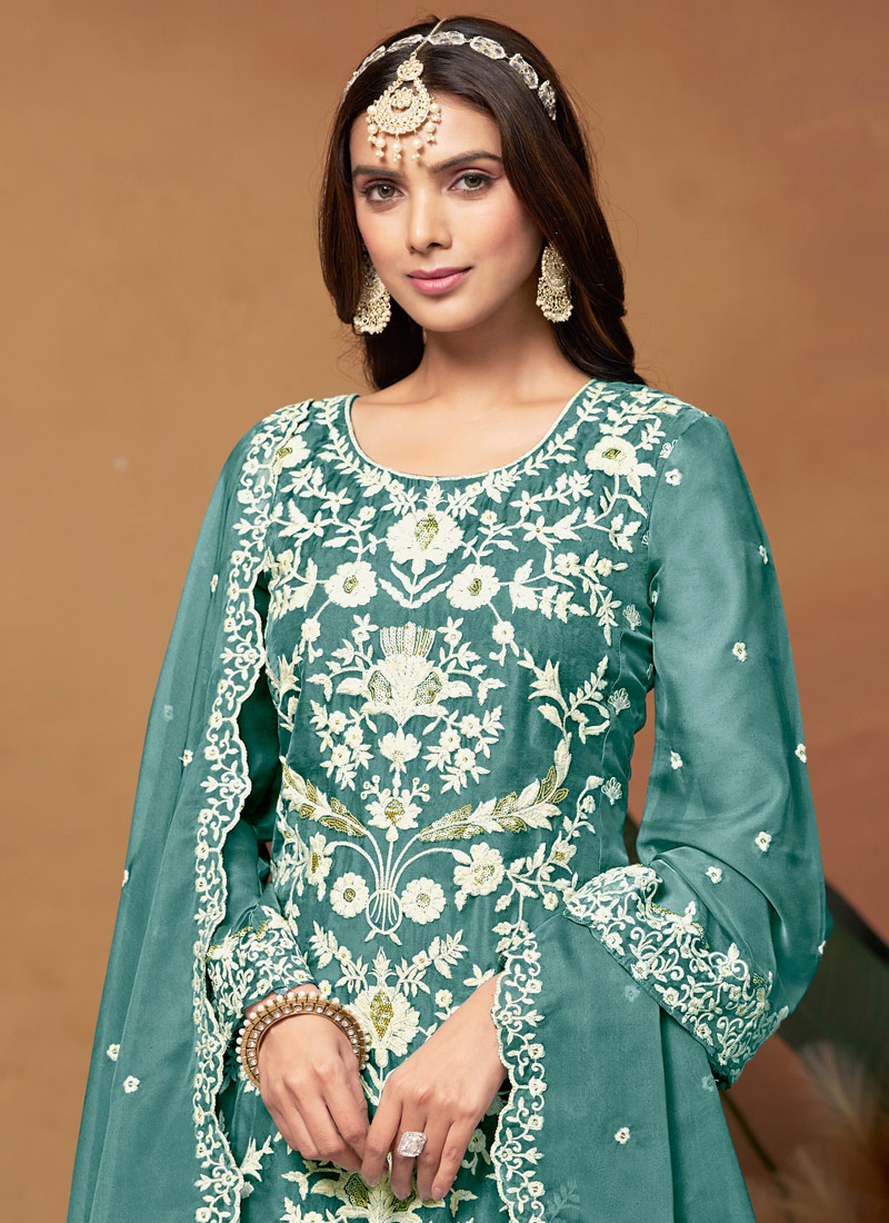 Blue Soft Organza Sequins Embroidered Casual Salwar Kameez