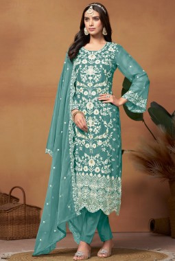 Blue Soft Organza Sequins Embroidered Casual Salwar Kameez