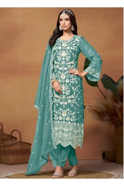 Blue Soft Organza Sequins Embroidered Casual Salwar Kameez
