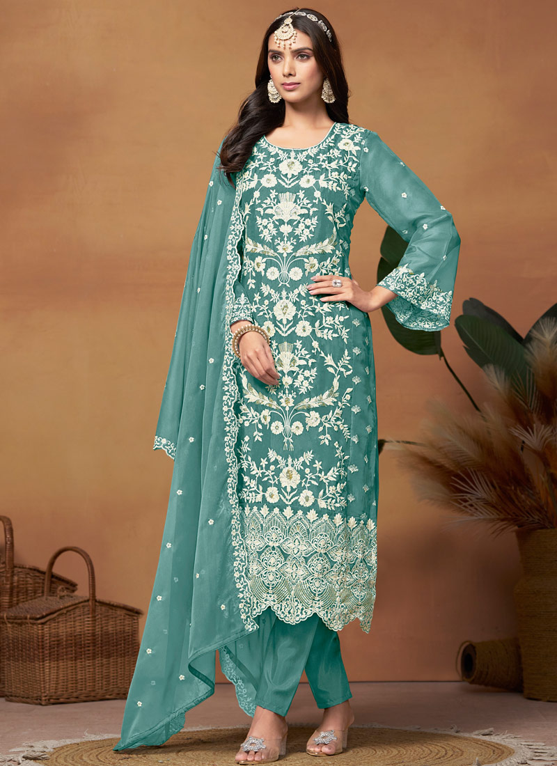 Blue Soft Organza Sequins Embroidered Casual Salwar Kameez