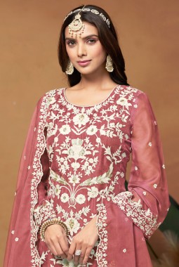 Peach Soft Organza Thread Embroidered Casual Salwar Kameez
