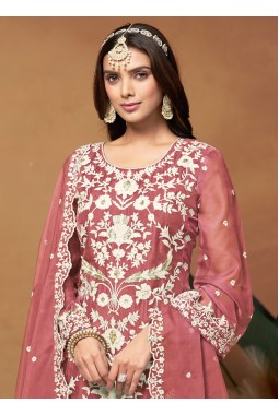 Peach Soft Organza Thread Embroidered Casual Salwar Kameez