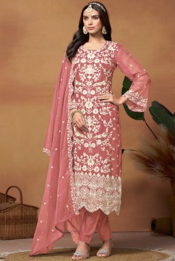 Peach Soft Organza Thread Embroidered Casual Salwar Kameez
