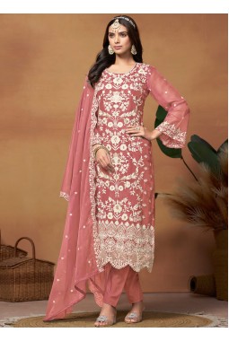 Peach Soft Organza Thread Embroidered Casual Salwar Kameez