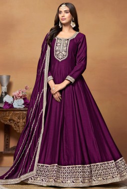 Magenta Art Silk Embroidered Wedding Salwar Kameez