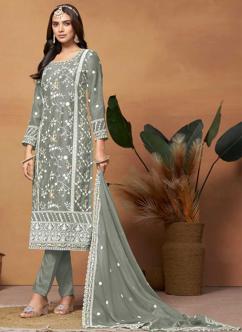 Grey Soft Organza Sequins Casual Salwar Kameez