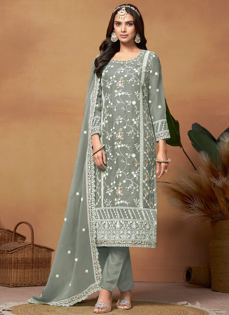 Grey Soft Organza Sequins Casual Salwar Kameez