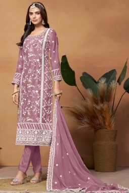 Lavender Soft Organza Sequins Embroidered Casual Salwar Kameez