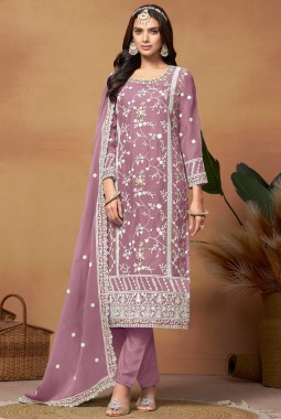 Lavender Soft Organza Sequins Embroidered Casual Salwar Kameez