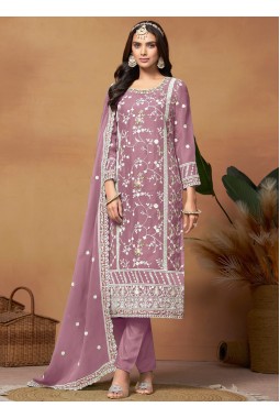 Lavender Soft Organza Sequins Embroidered Casual Salwar Kameez