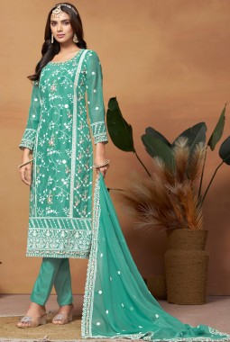 Blue Soft Organza Embroidered Casual Salwar Kameez