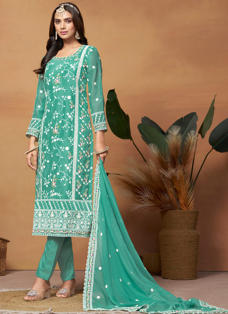 Blue Soft Organza Embroidered Casual Salwar Kameez