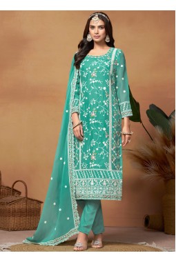 Blue Soft Organza Embroidered Casual Salwar Kameez