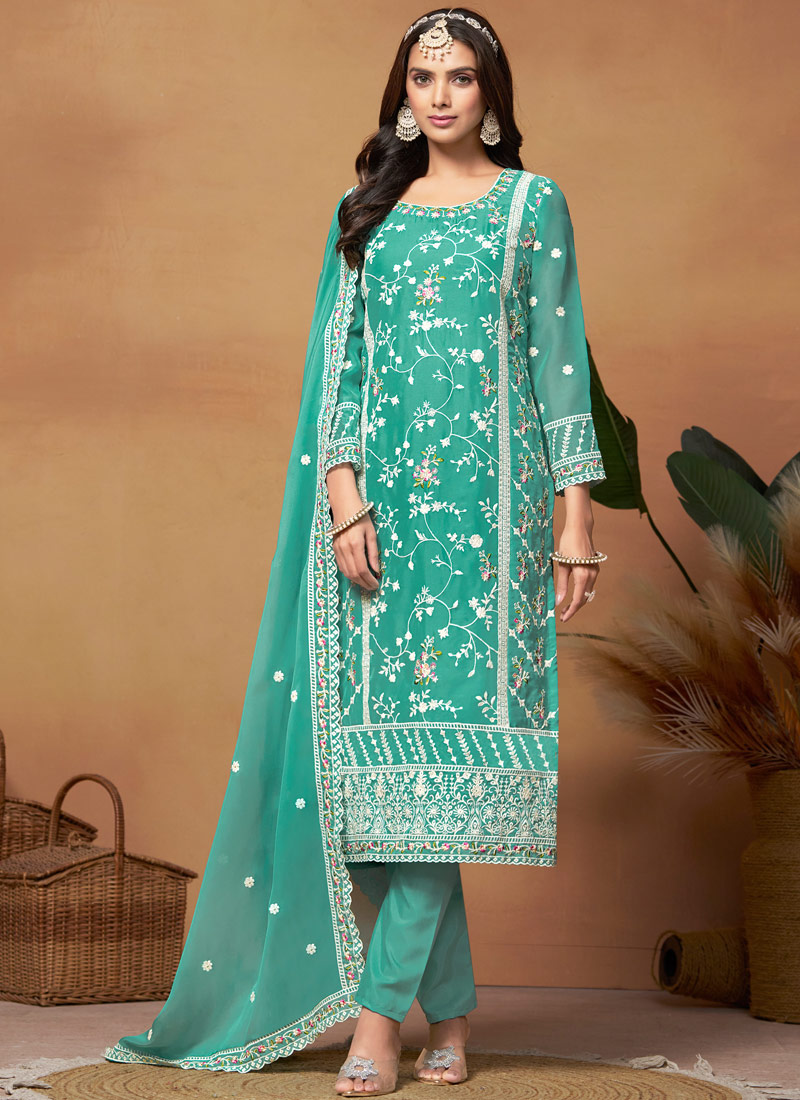 Blue Soft Organza Embroidered Casual Salwar Kameez