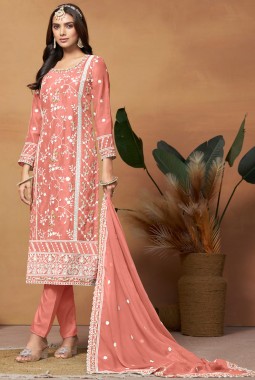Peach Soft Organza Sequins Embroidered Casual Salwar Kameez