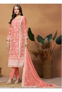 Peach Soft Organza Sequins Embroidered Casual Salwar Kameez