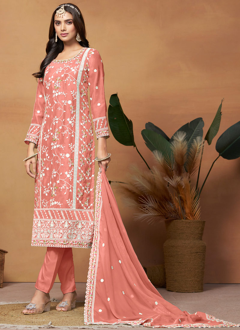 Peach Soft Organza Sequins Embroidered Casual Salwar Kameez